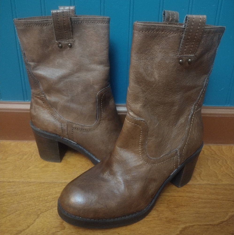 Nine West Brown Leather Boho Rustic Heeled Booties